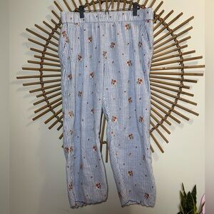 Sundance Blue and White Striped Embroidered Floral Pajama Pants Loose Flowy Boho